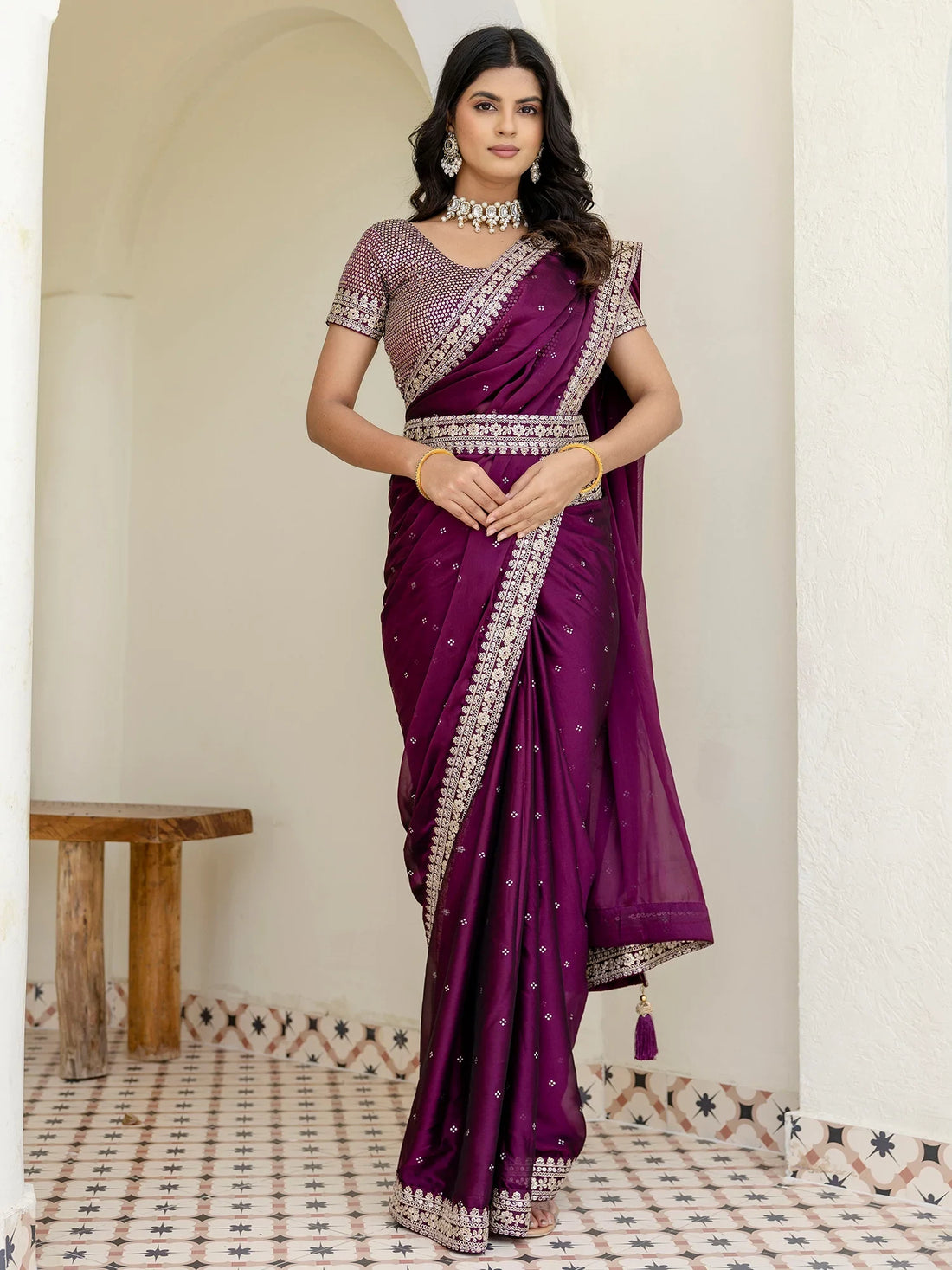 Phenomenal Wine Dori Embroidery Silk Party Wear Saree With Blouse - Zeel Clothing