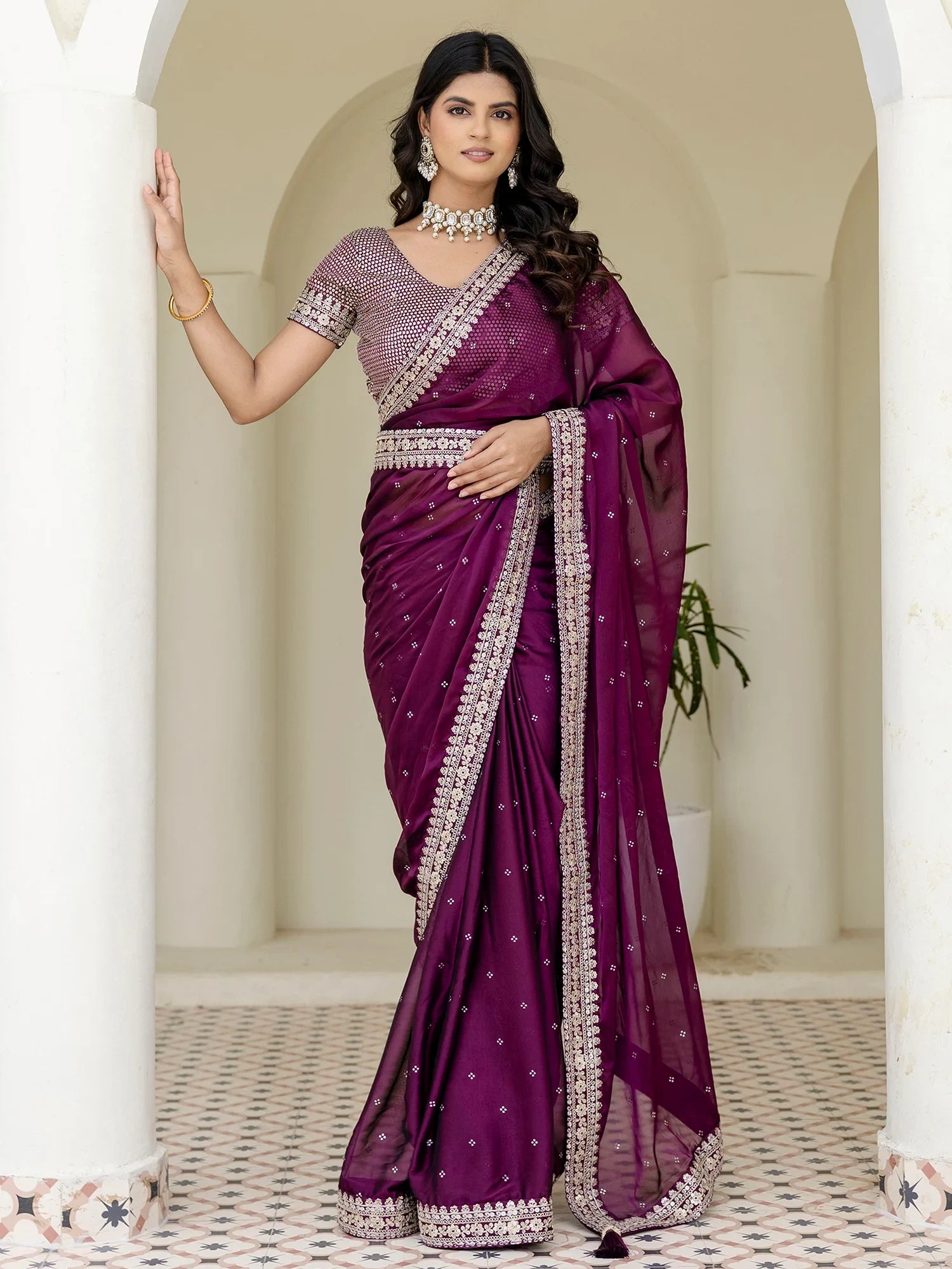 Phenomenal Wine Dori Embroidery Silk Party Wear Saree With Blouse - Zeel Clothing