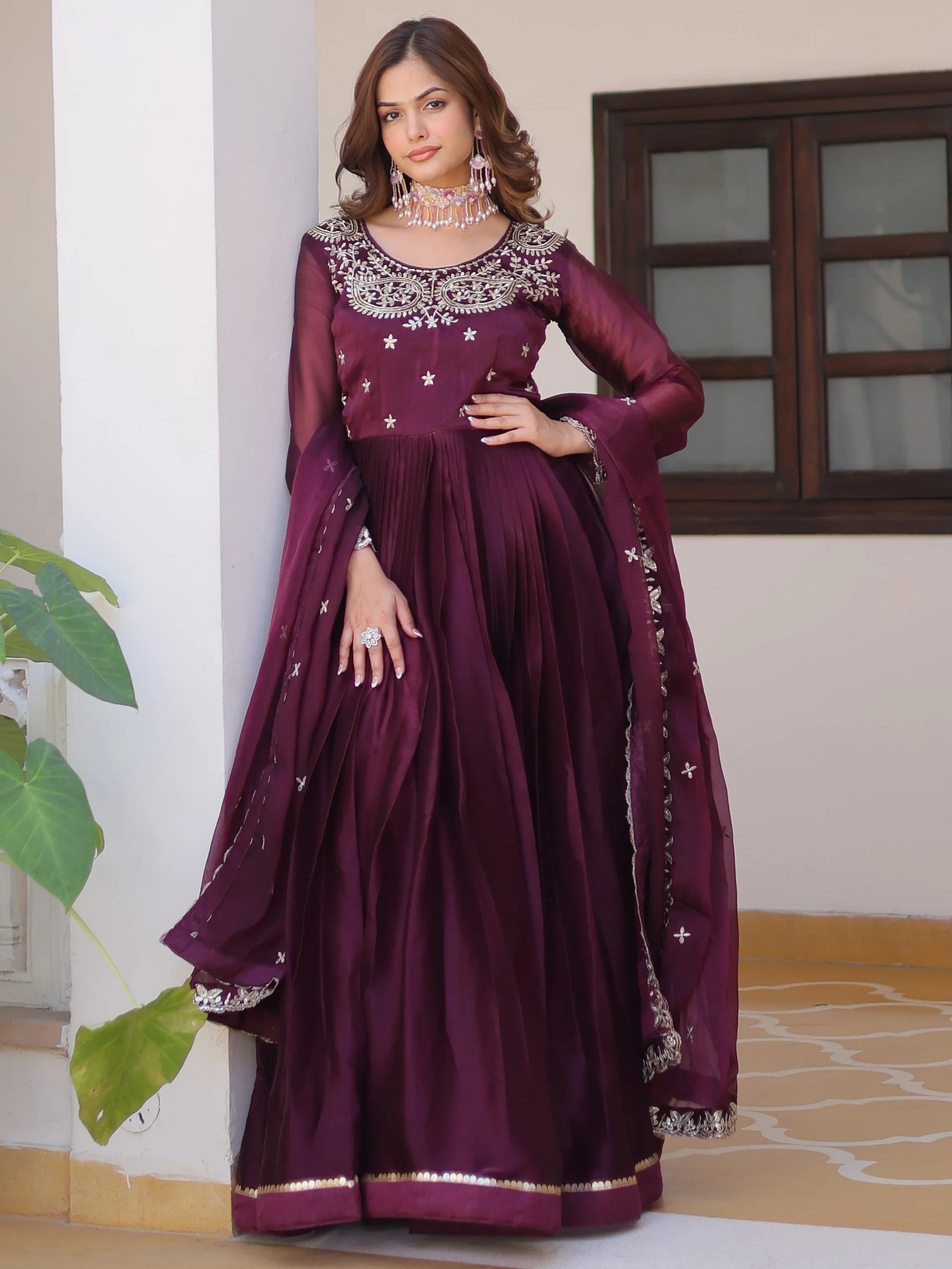 Phenomenal Wine Sequins Silk Wedding Gown With Dupatta