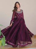 Phenomenal Wine Sequins Silk Wedding Gown With Dupatta