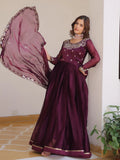 Phenomenal Wine Sequins Silk Wedding Gown With Dupatta