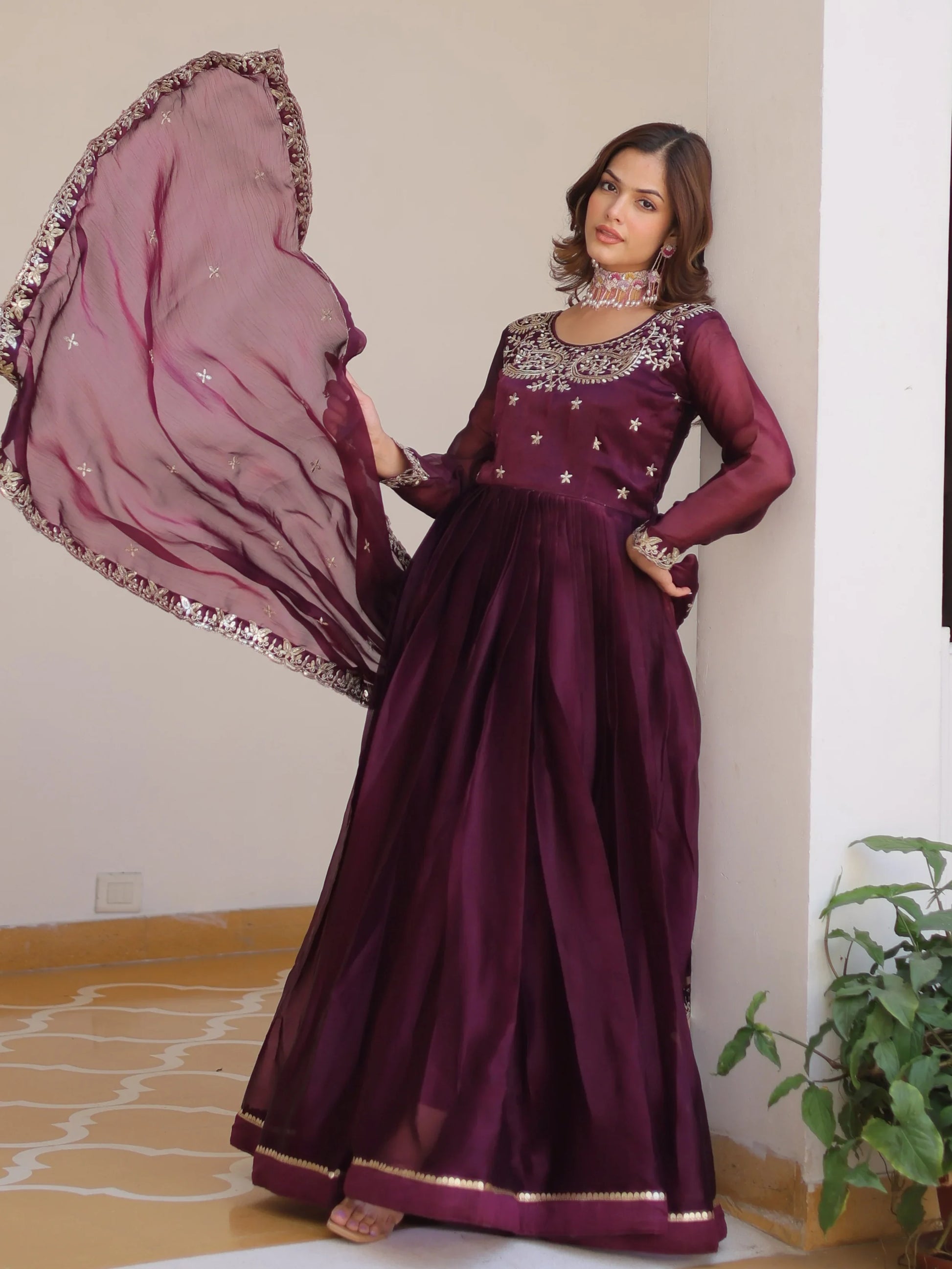 Phenomenal Wine Sequins Silk Wedding Gown With Dupatta