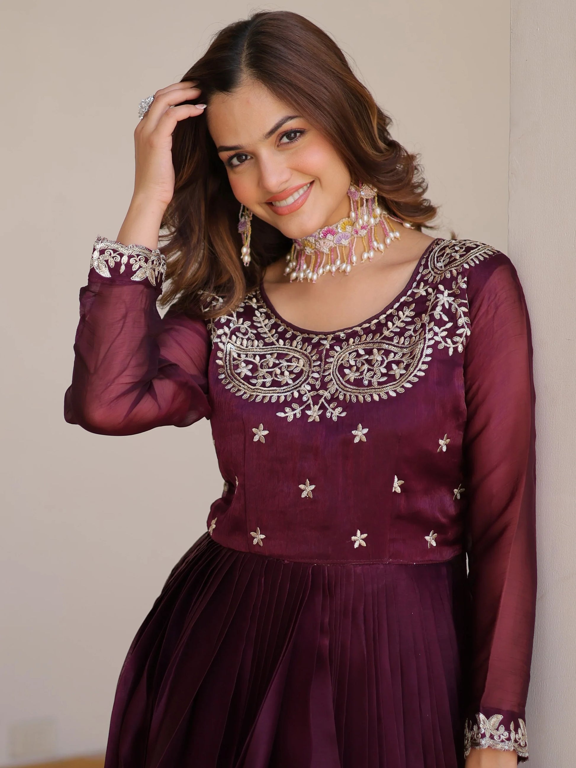 Phenomenal Wine Sequins Silk Wedding Gown With Dupatta