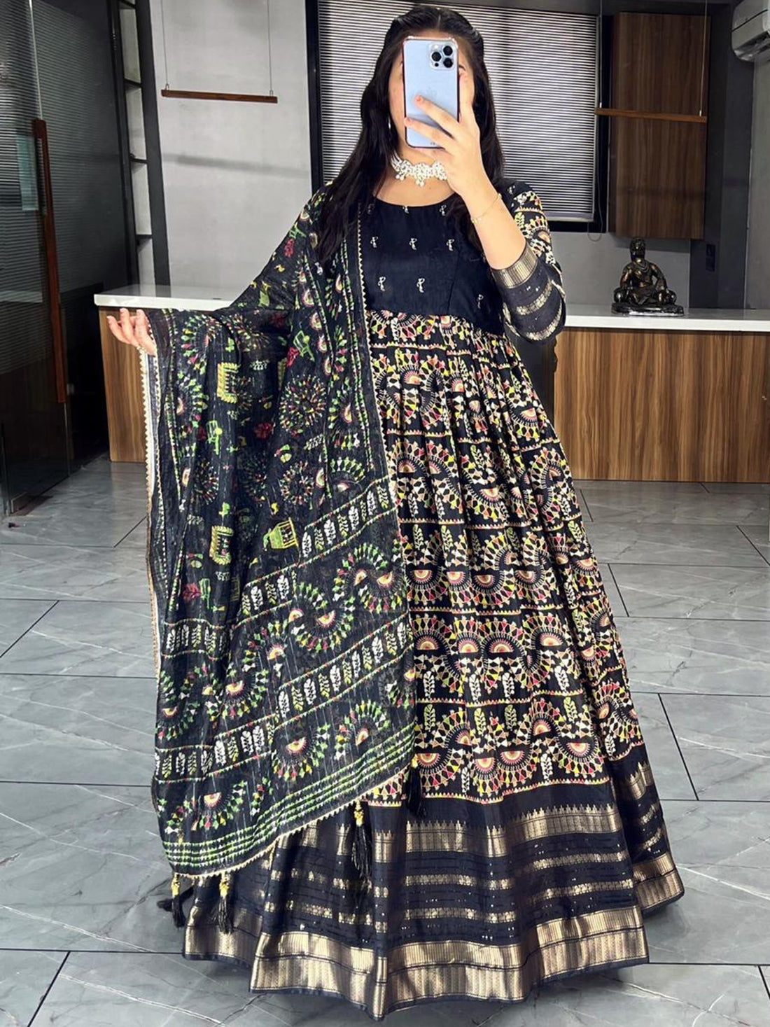 Beautiful Black Zari Weaving Cotton Silk Gown With Dupatta