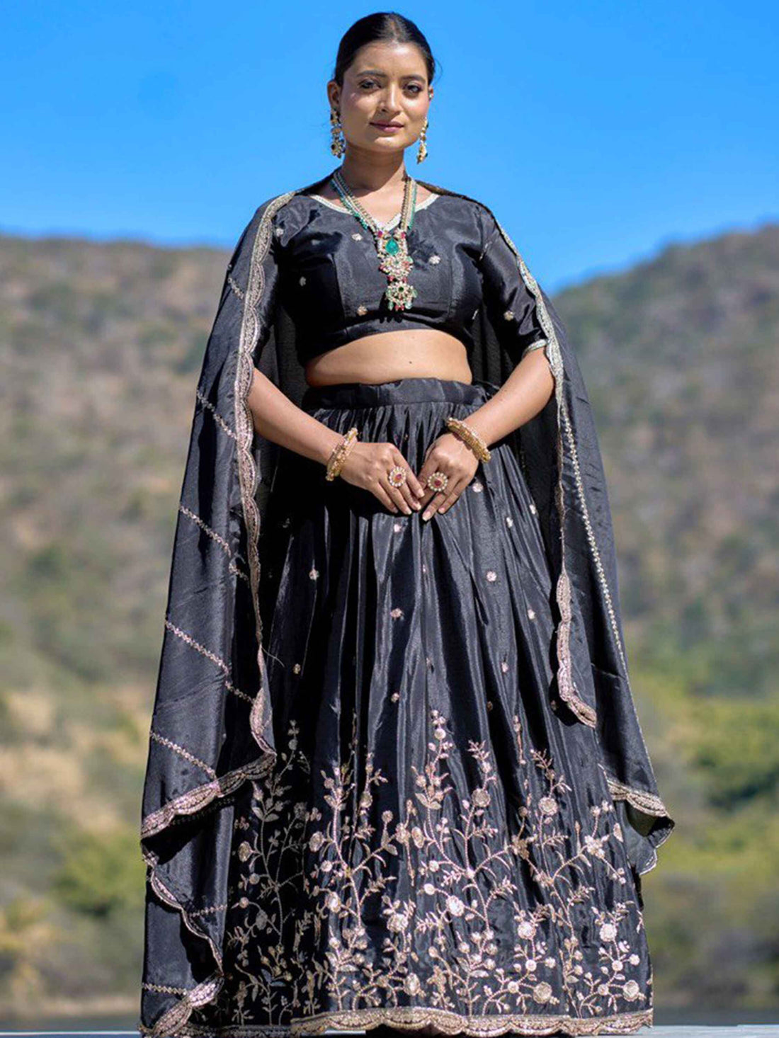 Glamorous Black Zari Work Chinon Event Wear Lehenga Choli