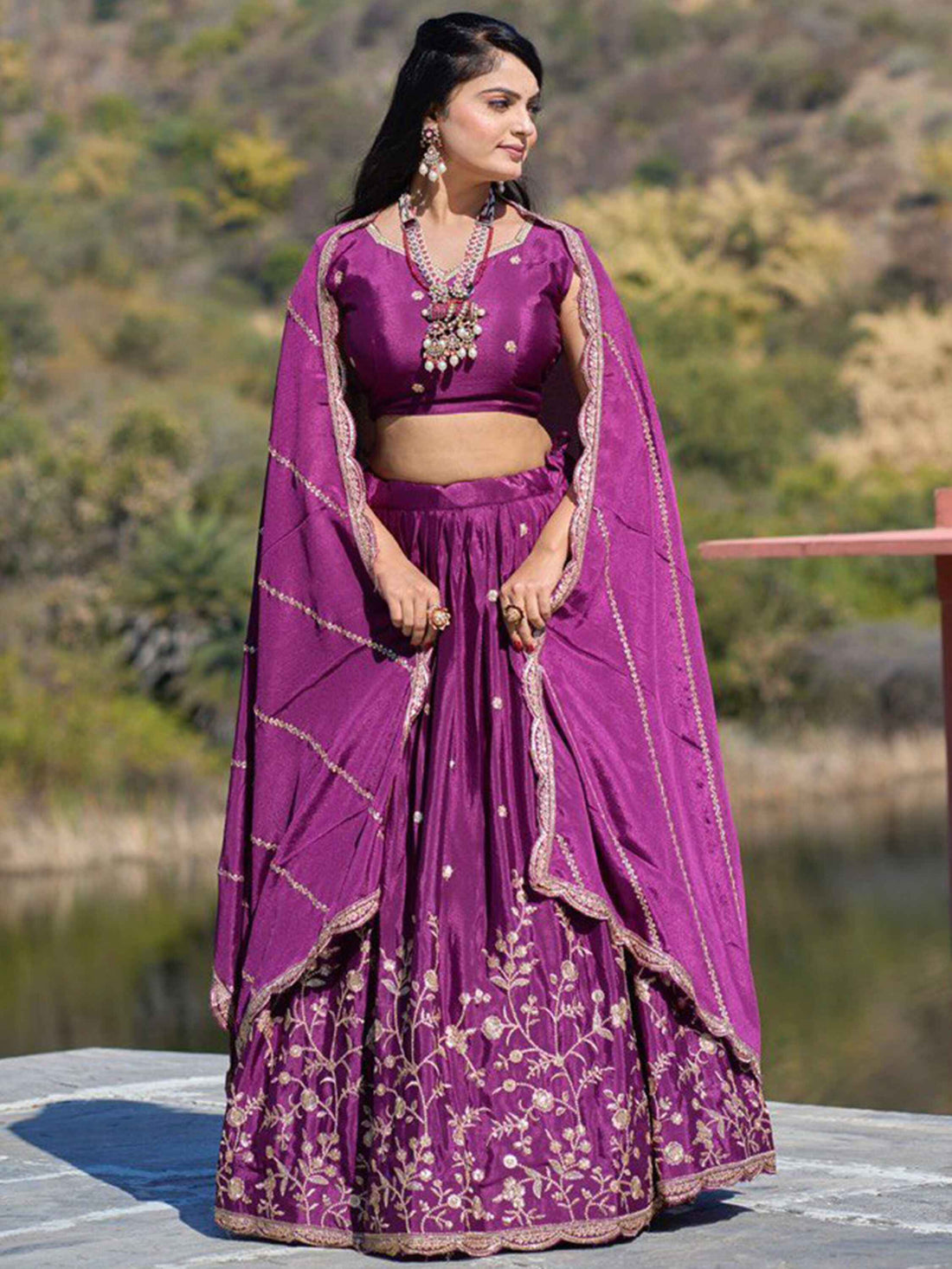 Attractive Wine Thread Work Chinon Wedding Wear Lehenga Choli