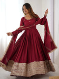Attractive Maroon Embroidered Chinon Silk Wedding Wear Anarkali Suit With Dupatta