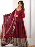 Attractive Maroon Embroidered Chinon Silk Wedding Wear Anarkali Suit With Dupatta