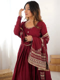 Attractive Maroon Embroidered Chinon Silk Wedding Wear Anarkali Suit With Dupatta