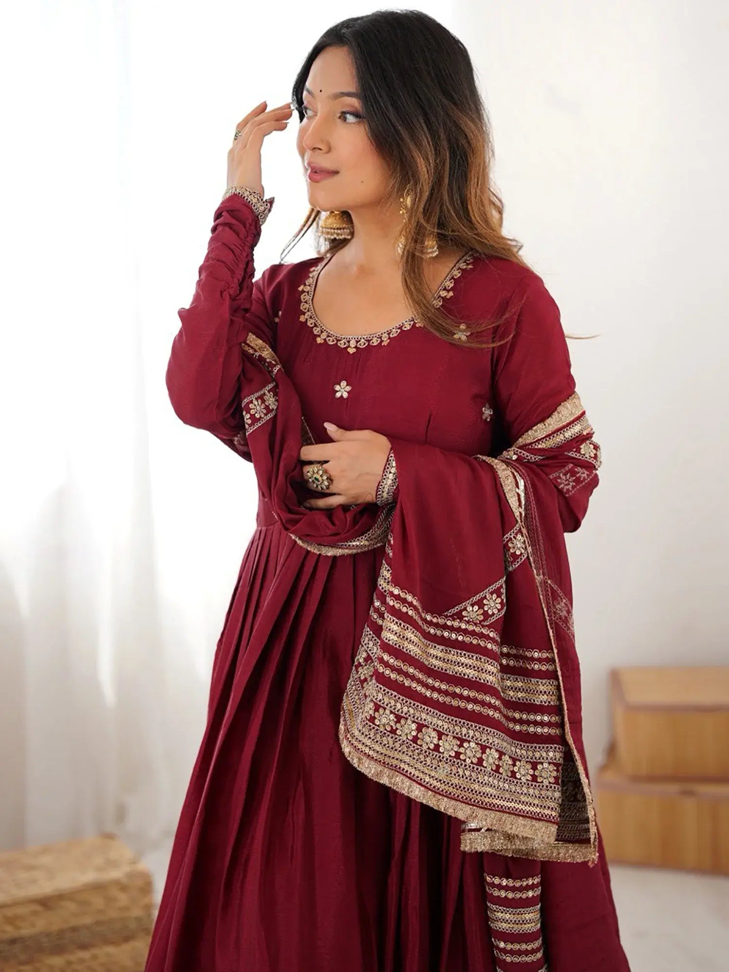 Attractive Maroon Embroidered Chinon Silk Wedding Wear Anarkali Suit With Dupatta