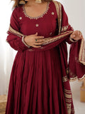 Attractive Maroon Embroidered Chinon Silk Wedding Wear Anarkali Suit With Dupatta