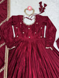Attractive Maroon Embroidered Chinon Silk Wedding Wear Anarkali Suit With Dupatta