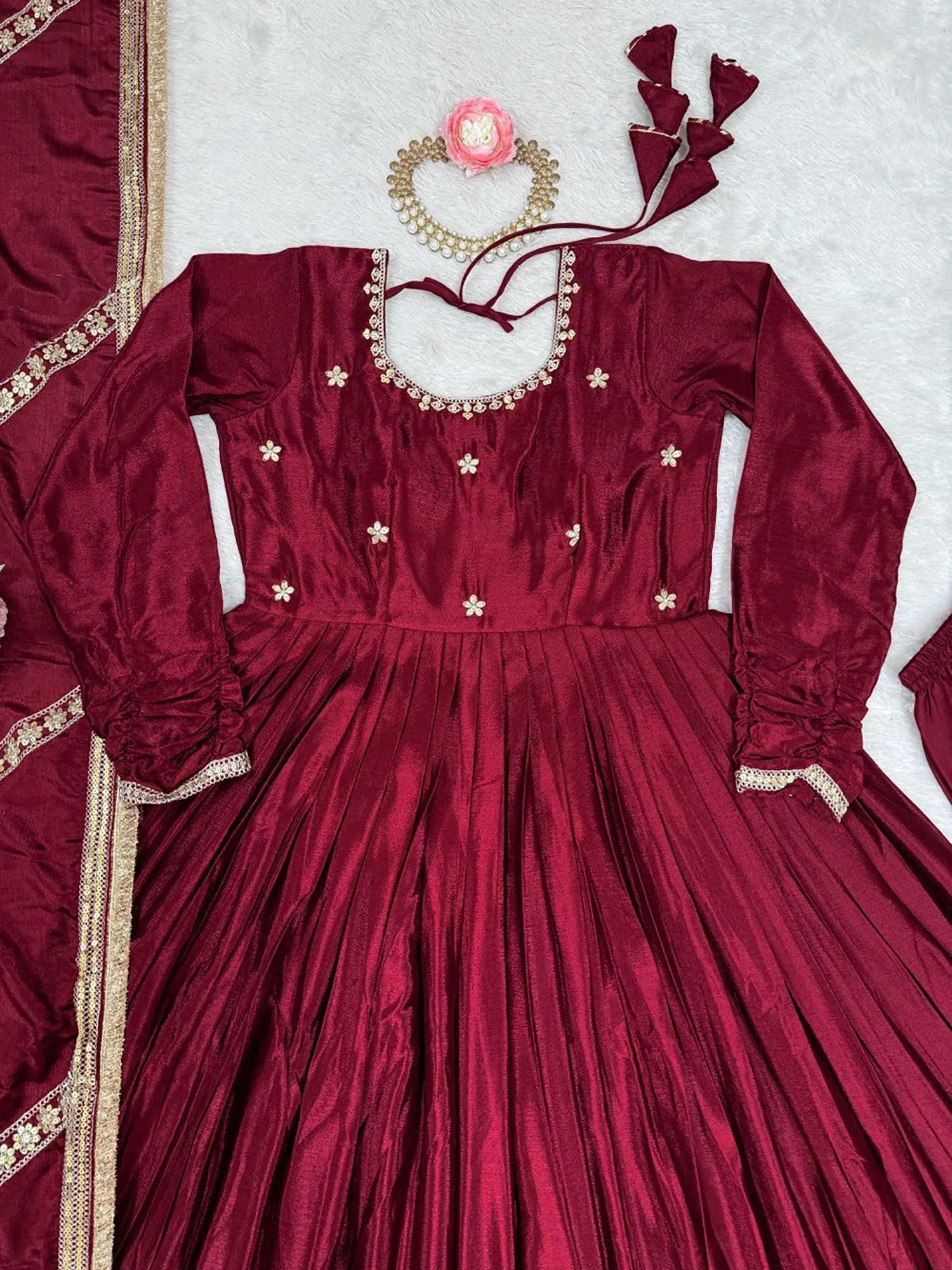 Attractive Maroon Embroidered Chinon Silk Wedding Wear Anarkali Suit With Dupatta