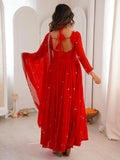 Lovable Red Sequins Georgette Engagement Wear Anarkali Gown With Dupatta
