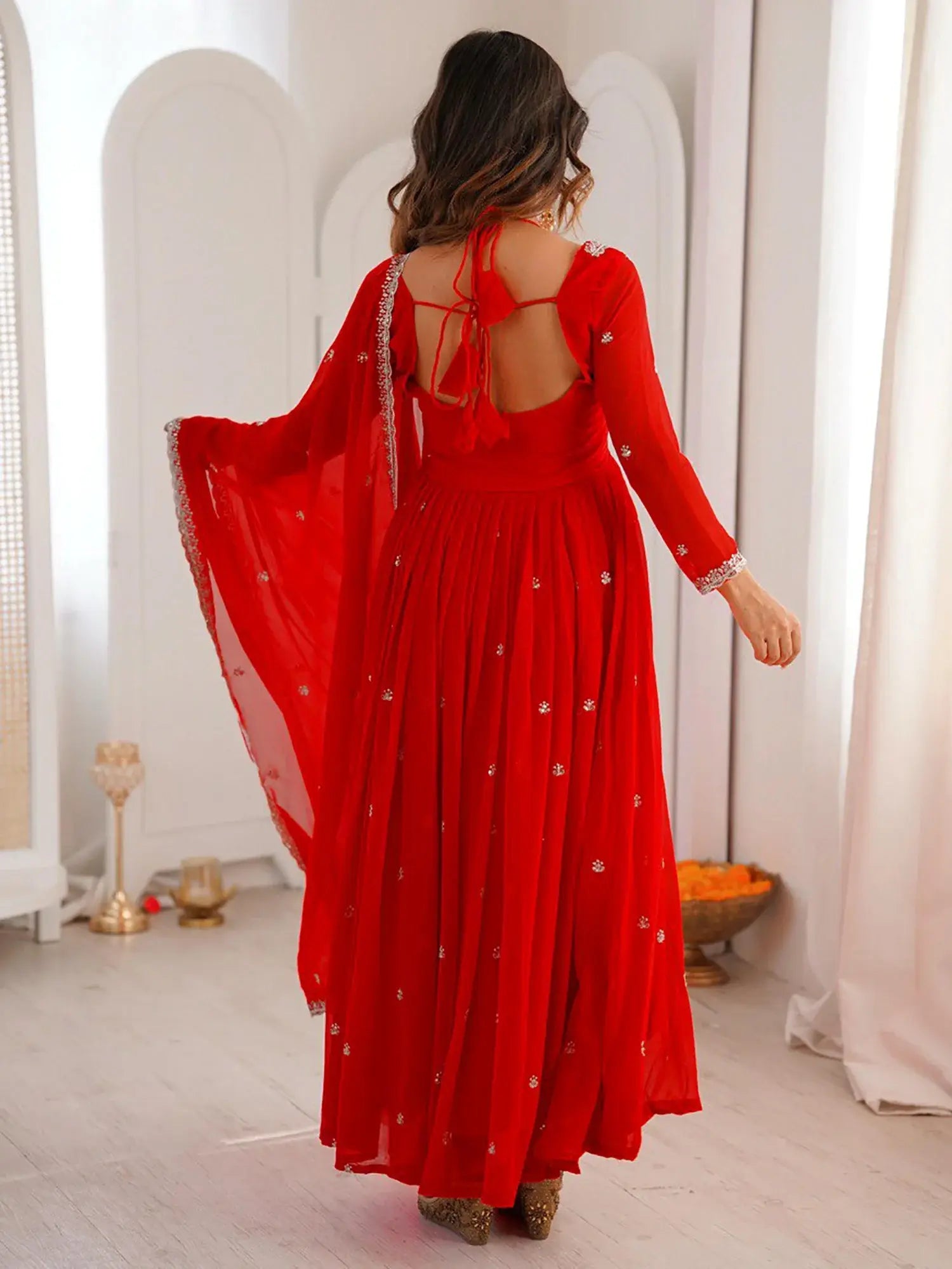 Lovable Red Sequins Georgette Engagement Wear Anarkali Gown With Dupatta