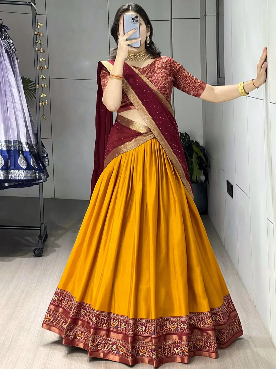 Stunning Mustard Patola Printed Cotton Half Saree Festive Wear Lehenga