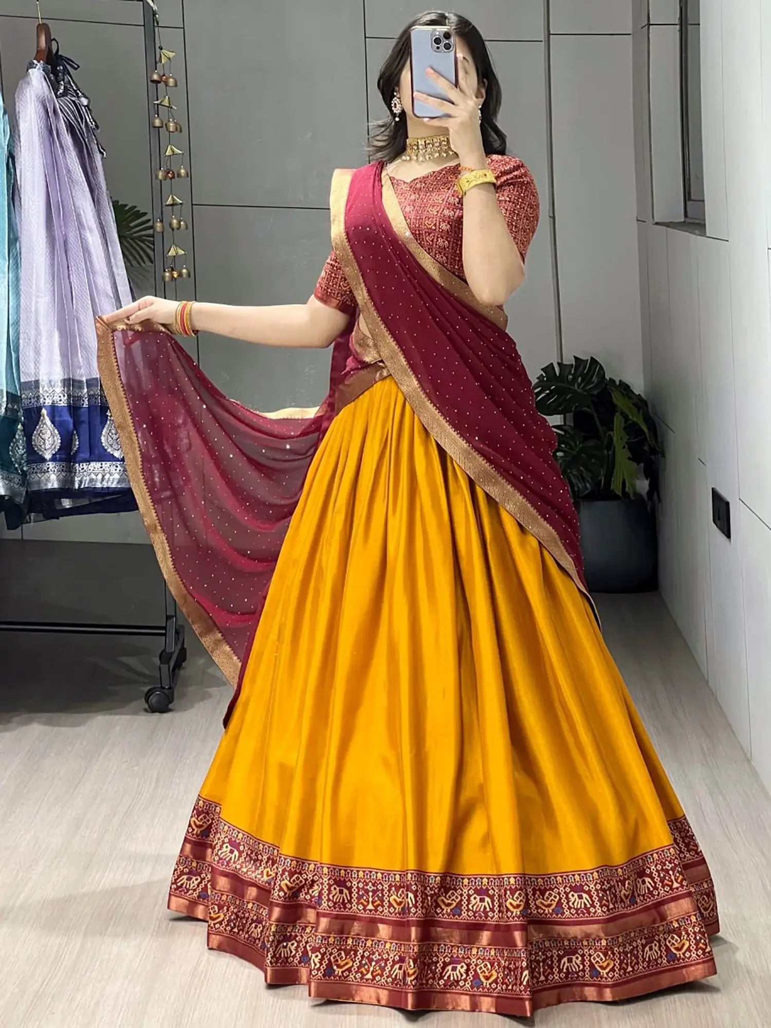 Stunning Mustard Patola Printed Cotton Half Saree Festive Wear Lehenga