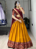 Stunning Mustard Patola Printed Cotton Half Saree Festive Wear Lehenga