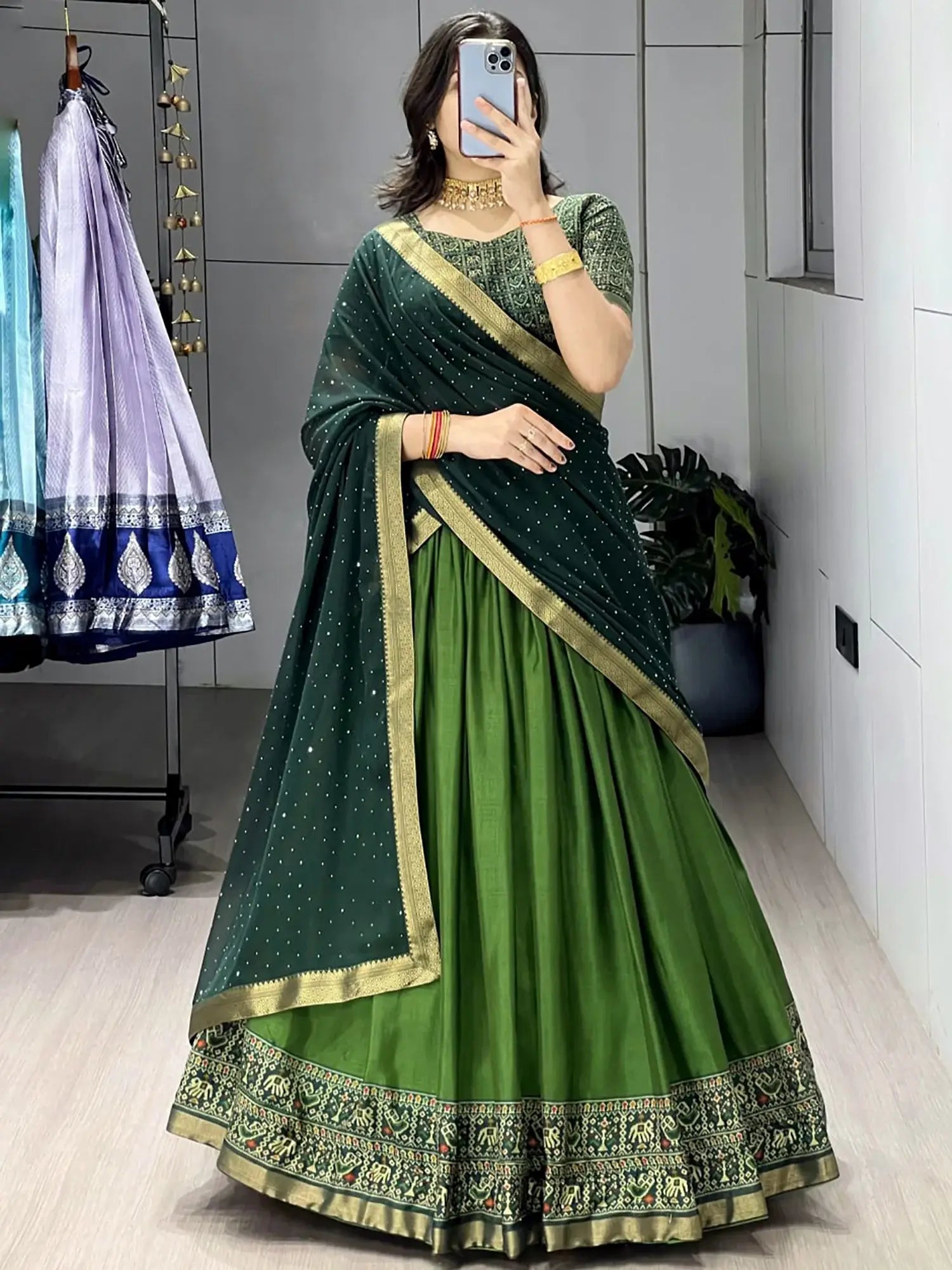 Gorgeous Green Patola Printed Cotton Half Saree Wedding Wear Lehenga