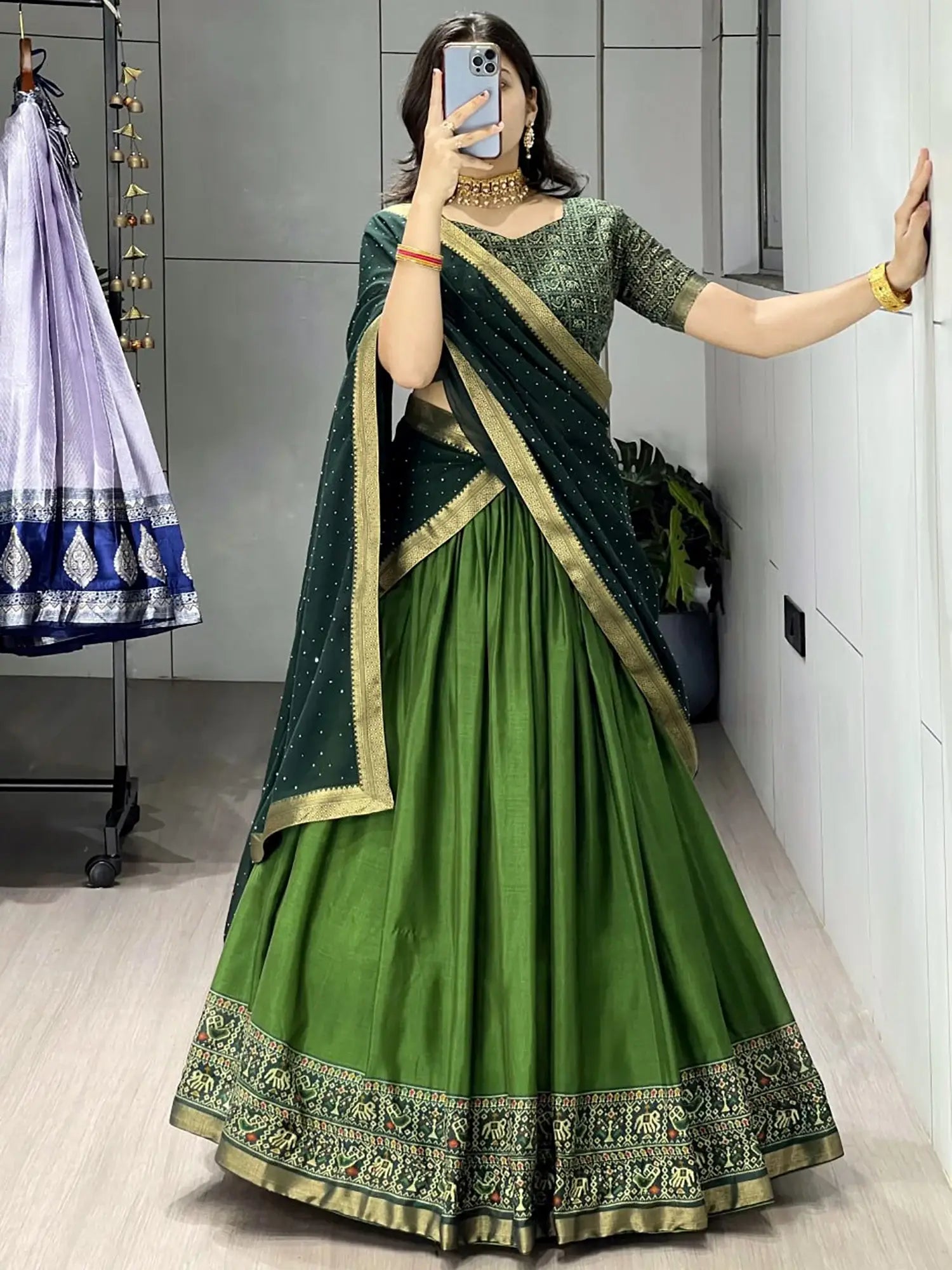 Gorgeous Green Patola Printed Cotton Half Saree Wedding Wear Lehenga