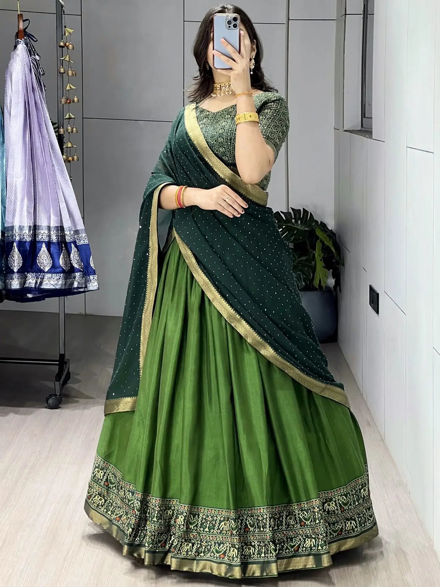 Gorgeous Green Patola Printed Cotton Half Saree Wedding Wear Lehenga