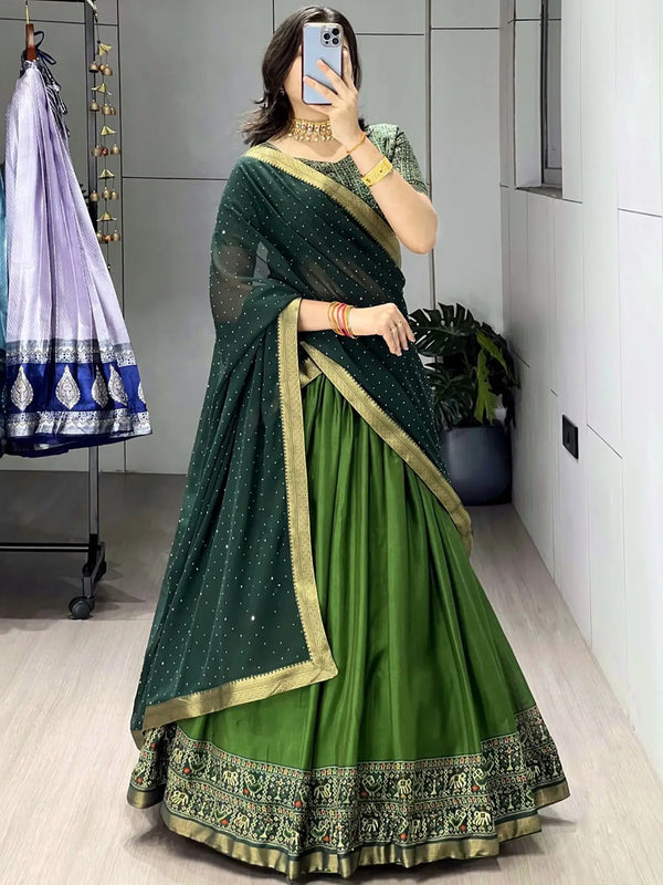 Gorgeous Green Patola Printed Cotton Half Saree Wedding Wear Lehenga