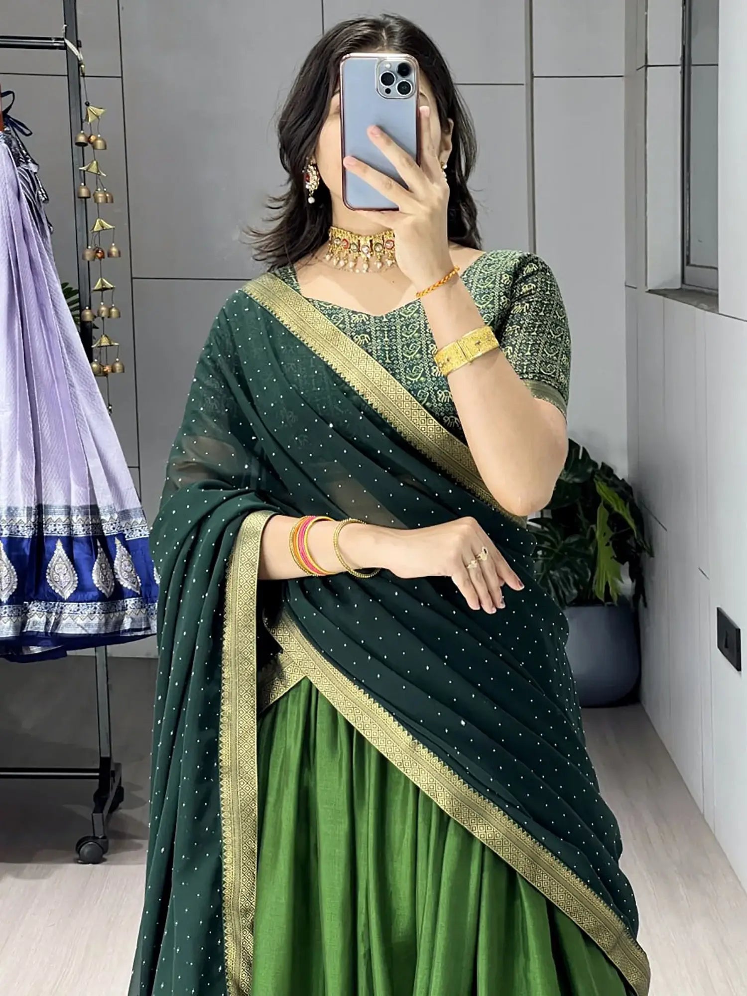 Gorgeous Green Patola Printed Cotton Half Saree Wedding Wear Lehenga