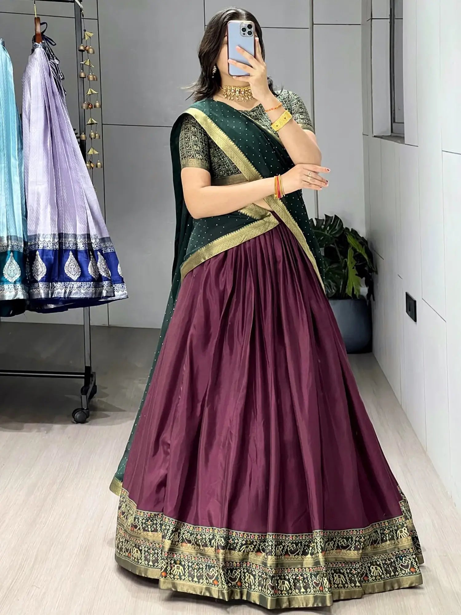 Delightful Wine Patola Printed Cotton Half Saree Party Wear Lehenga