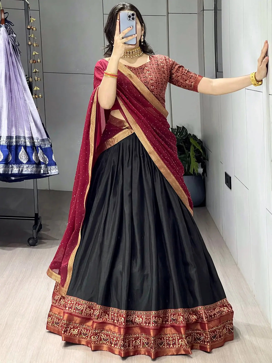 Prettier Black Patola Printed Cotton Half Saree  Marriage Wear Lehenga