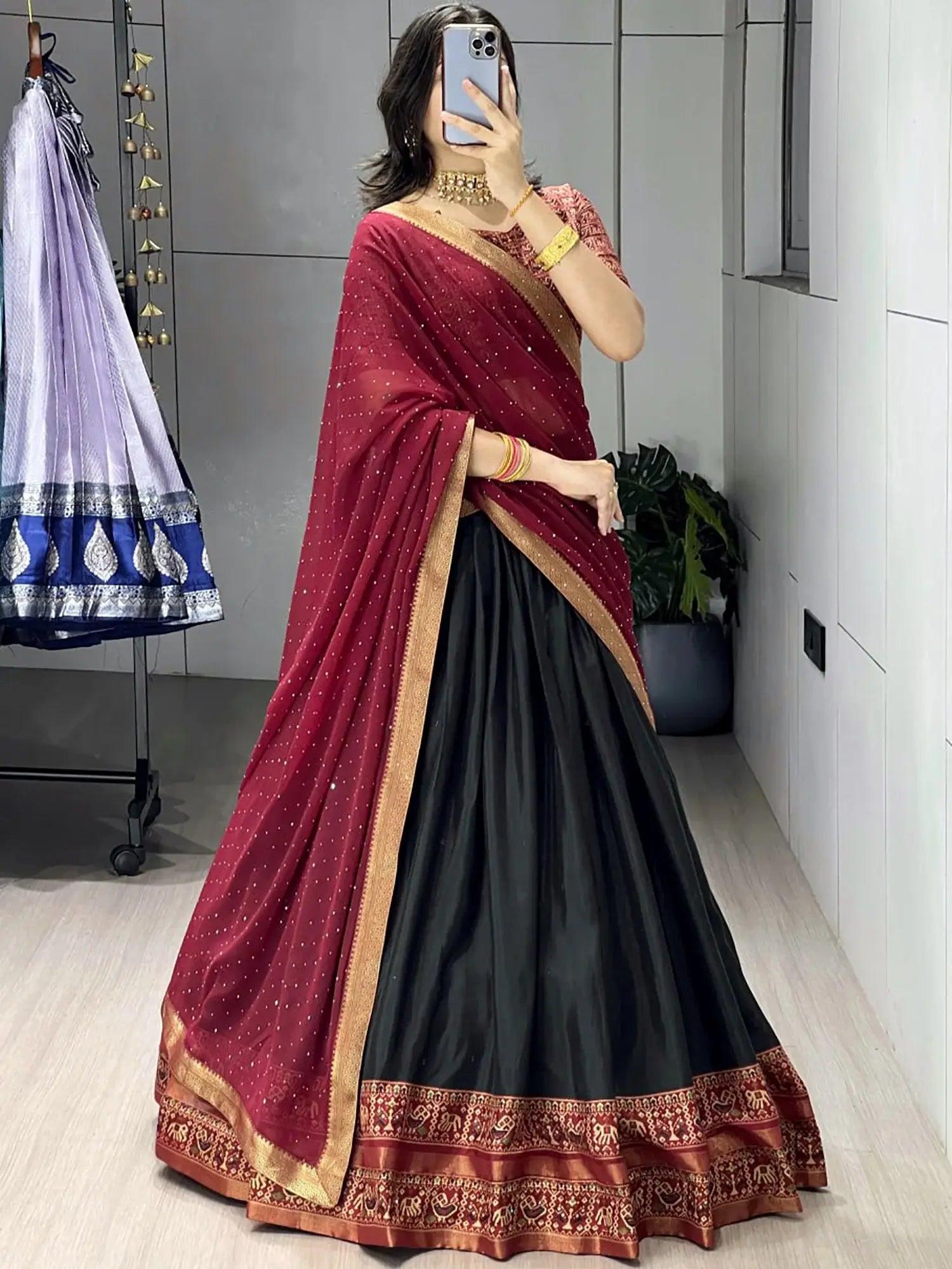 Prettier Black Patola Printed Cotton Half Saree  Marriage Wear Lehenga