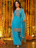 Classy Blue Sequins Work Silk Festivals Wear Palazzo Suit With Dupatta