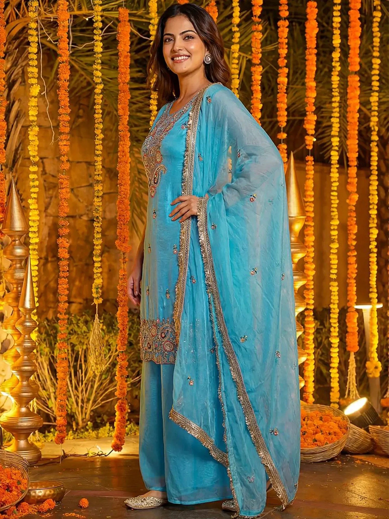 Classy Blue Sequins Work Silk Festivals Wear Palazzo Suit With Dupatta