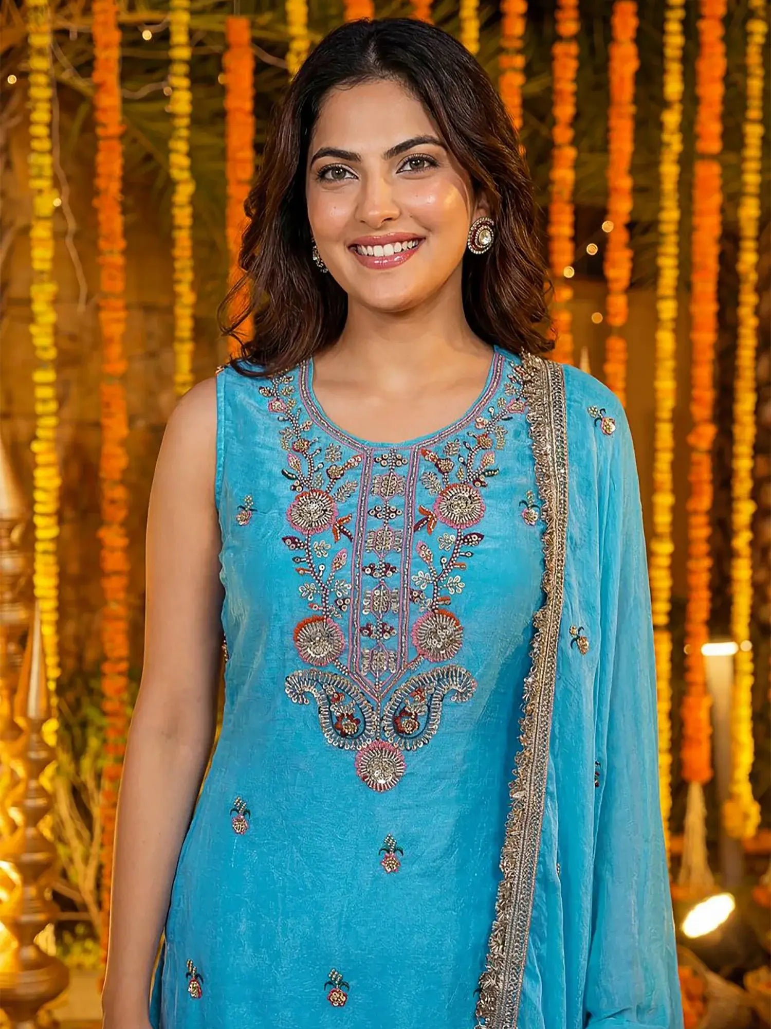 Classy Blue Sequins Work Silk Festivals Wear Palazzo Suit With Dupatta