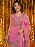 Alluring Pink Sequins Work Silk Wedding Wear Palazzo Suit With Dupatta