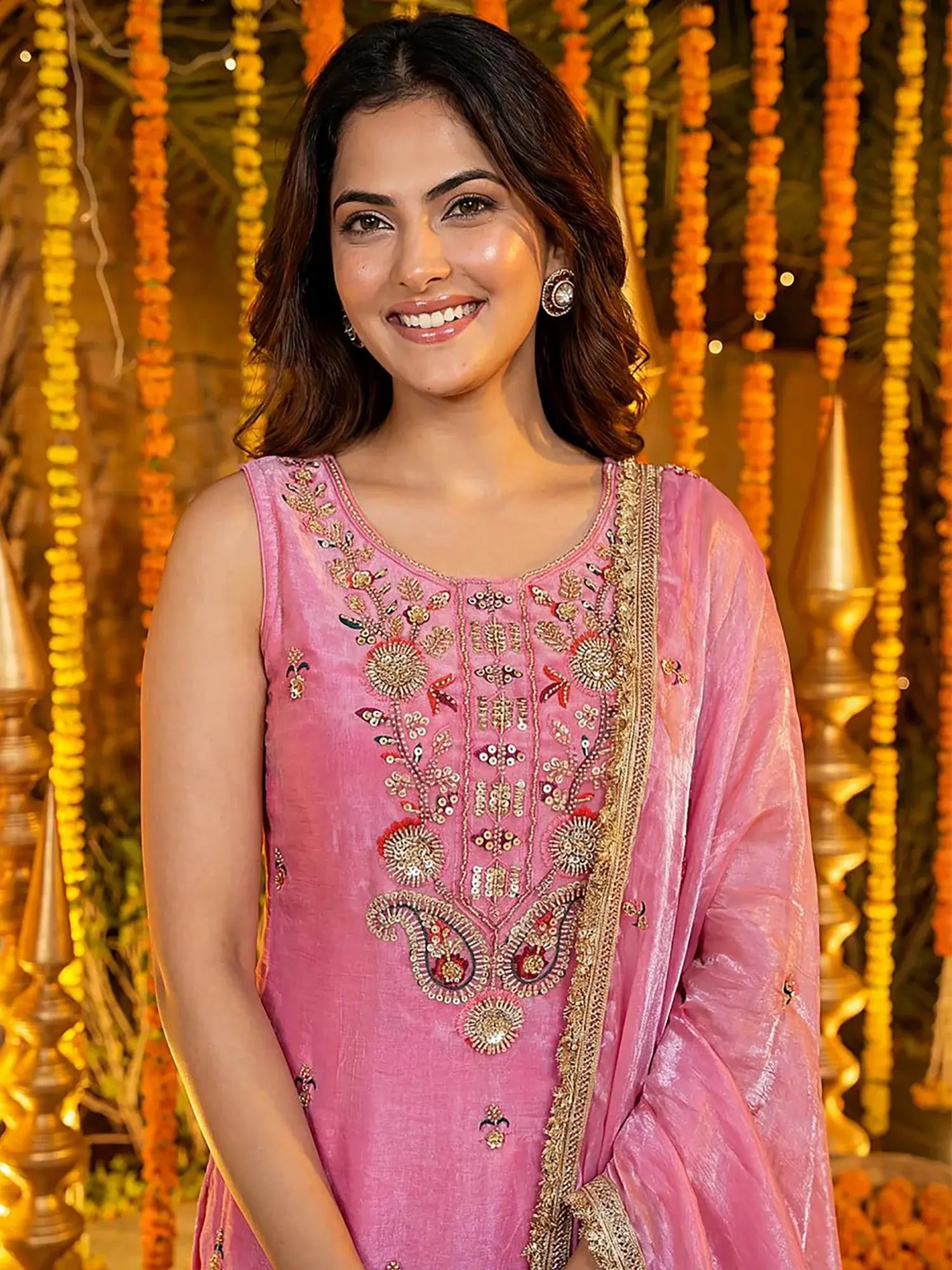 Alluring Pink Sequins Work Silk Wedding Wear Palazzo Suit With Dupatta