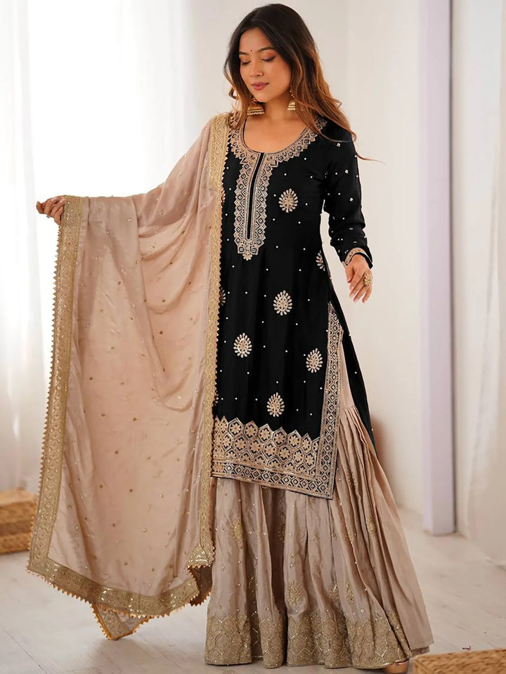 Graceful Black Coding Embroidery Silk Festive Wear Sharara Suit