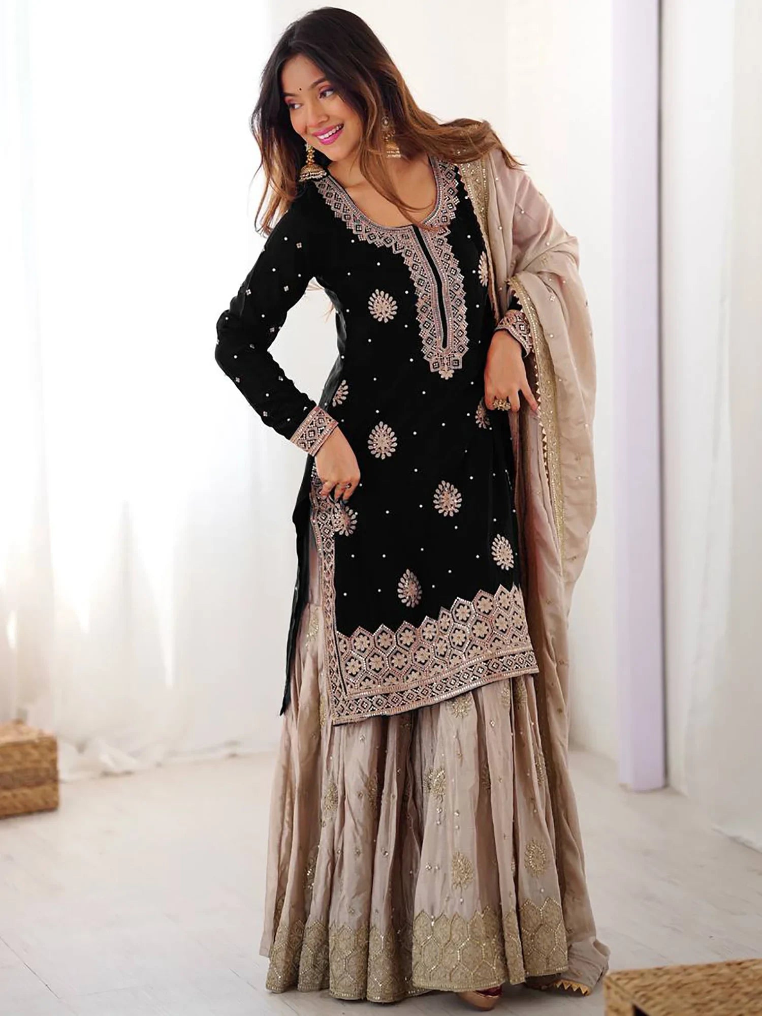Graceful Black Coding Embroidery Silk Festive Wear Sharara Suit