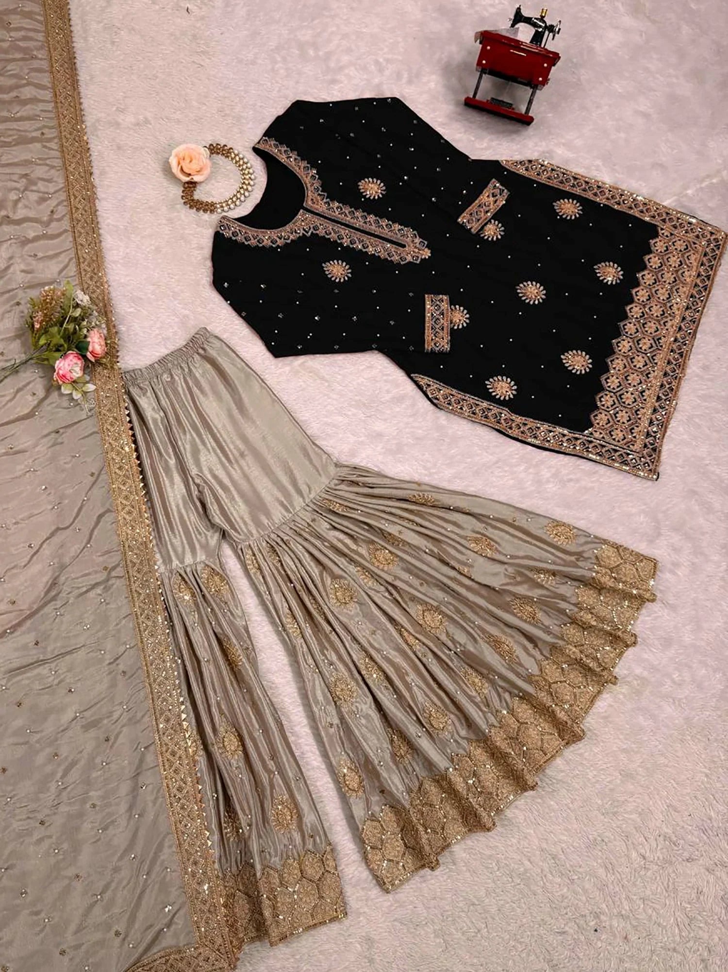 Graceful Black Coding Embroidery Silk Festive Wear Sharara Suit