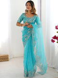 Superb Sky Blue Sequins Organza Reception Wear Saree With Blouse