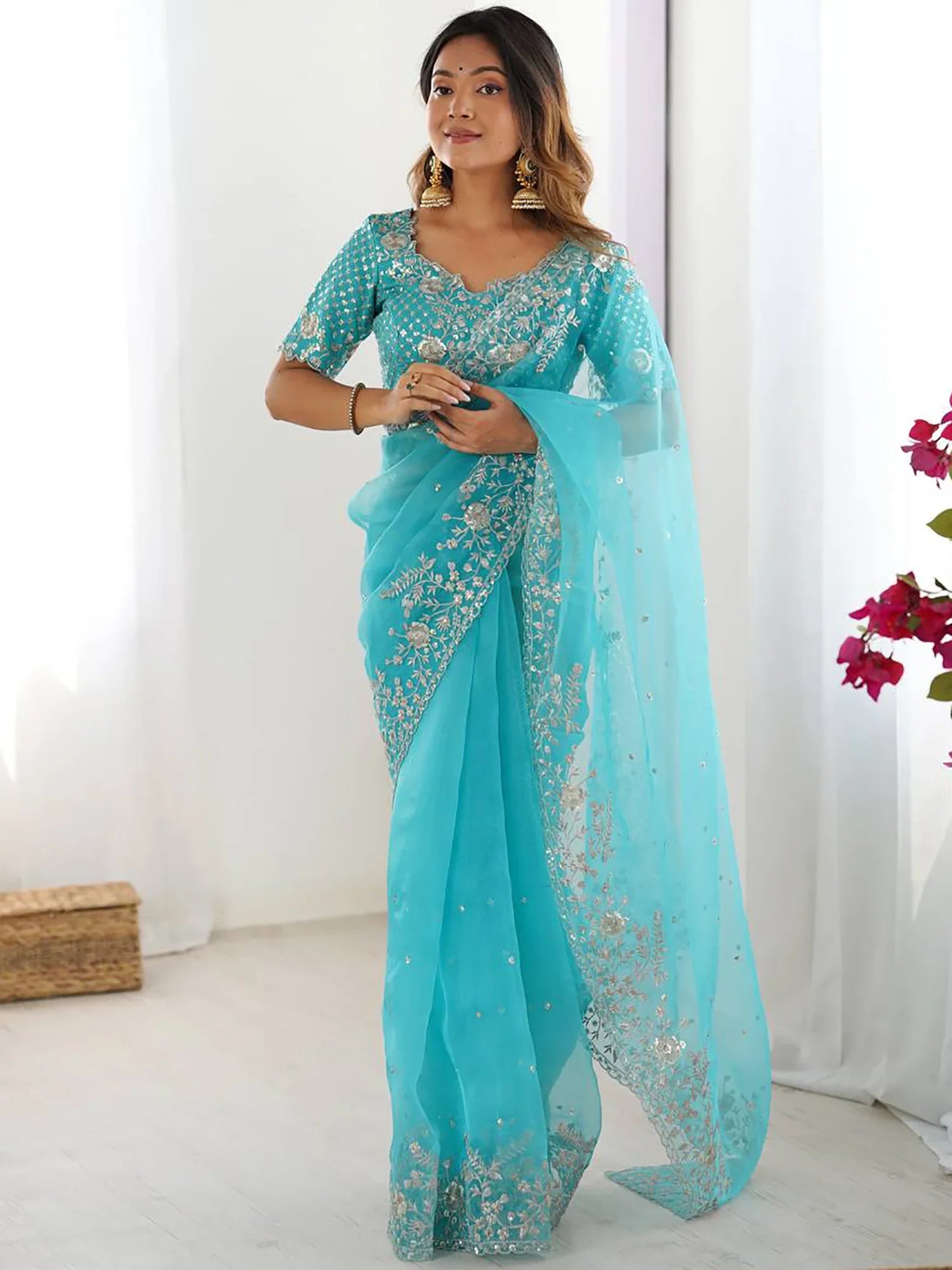 Superb Sky Blue Sequins Organza Reception Wear Saree With Blouse