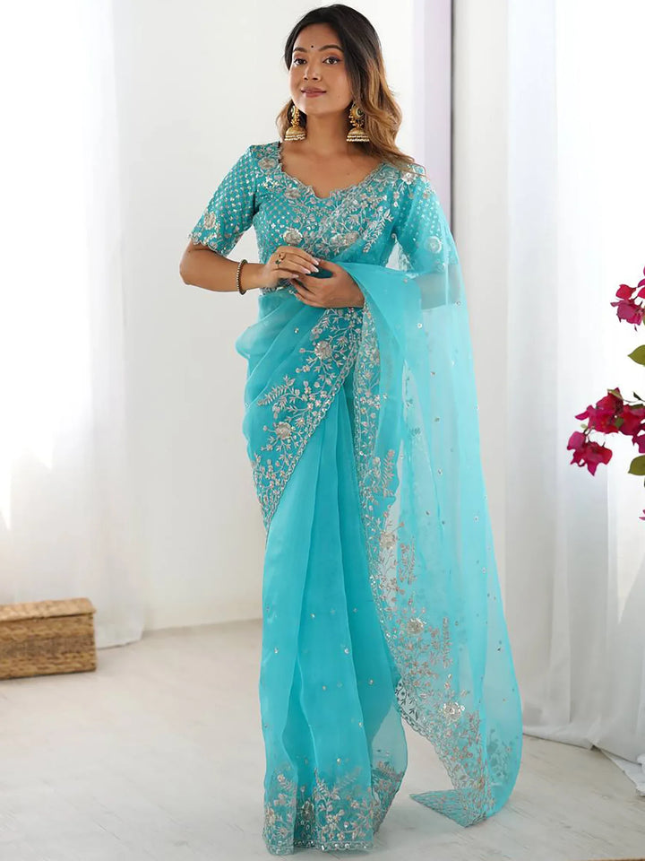 Superb Sky Blue Sequins Organza Reception Wear Saree With Blouse