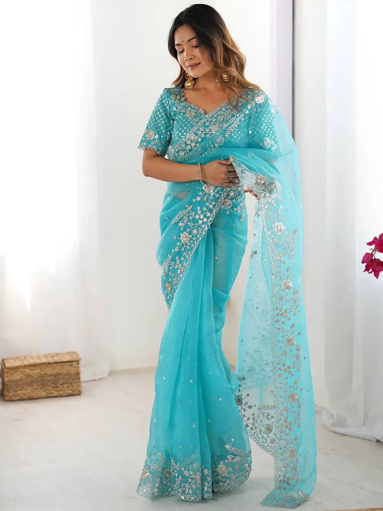 Superb Sky Blue Sequins Organza Reception Wear Saree With Blouse