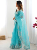 Superb Sky Blue Sequins Organza Reception Wear Saree With Blouse
