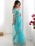 Superb Sky Blue Sequins Organza Reception Wear Saree With Blouse