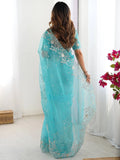Superb Sky Blue Sequins Organza Reception Wear Saree With Blouse