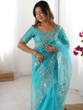 Superb Sky Blue Sequins Organza Reception Wear Saree With Blouse
