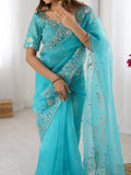 Superb Sky Blue Sequins Organza Reception Wear Saree With Blouse