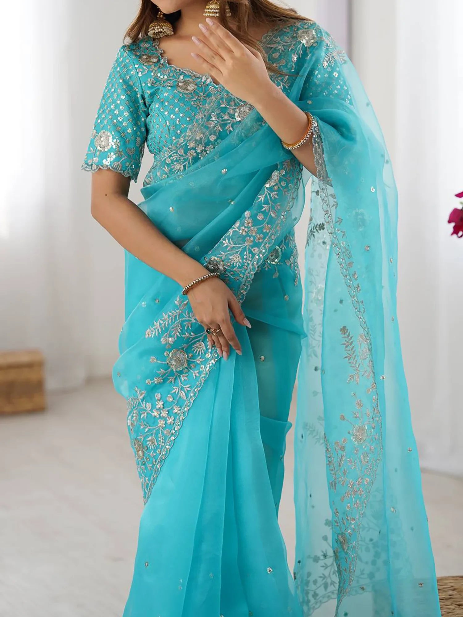 Superb Sky Blue Sequins Organza Reception Wear Saree With Blouse