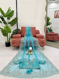 Superb Sky Blue Sequins Organza Reception Wear Saree With Blouse
