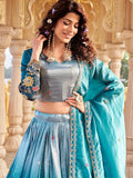 Stylish Teal Blue Thread Embroidery Crushed Event Wear Lehenga Choli